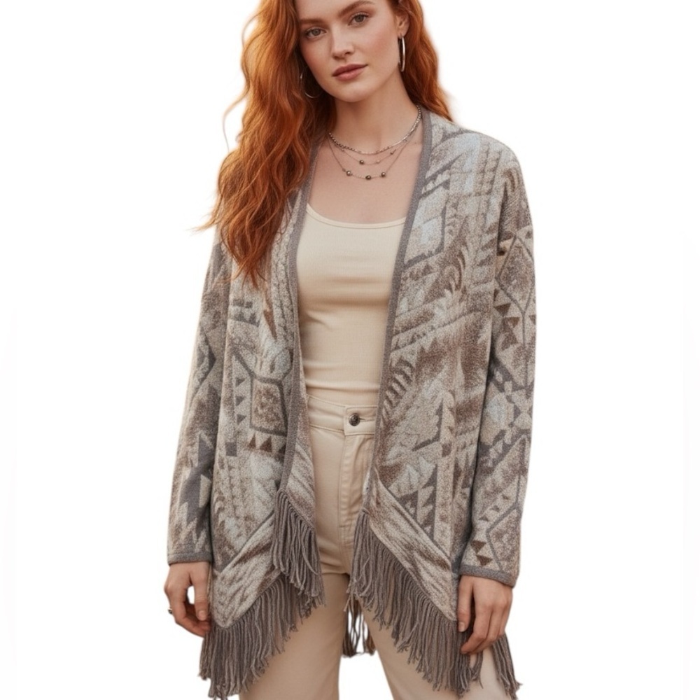 Lucky Brand XS Fringe Southwestern Long Cardigan Neutral Minimalist Boho Casual